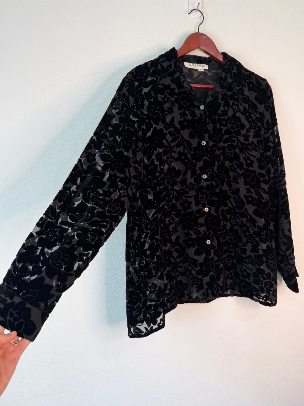 Vintage 90s Suchada Black Floral Burnout Velvet Button Down Top Womens L Grunge